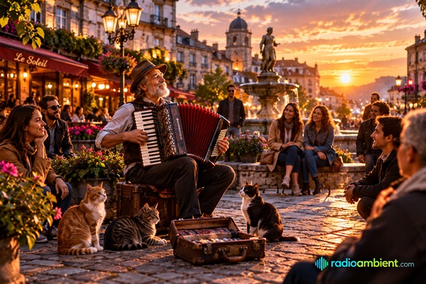 Accordion Player Performing in a Historic Town Square with Listening Crowds and Cats at Sunset | RadioAmbient.com