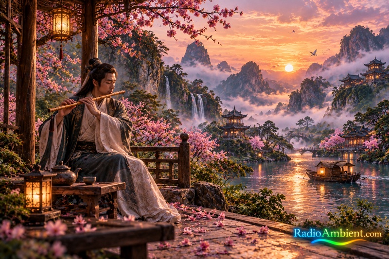 A traditional Chinese musician playing a guqin beneath a cherry blossom pavilion overlooking a misty mountain valley, with ancient pagodas, cascading waterfalls, a peaceful lake, glowing lanterns, and birds in the golden morning light, creating a serene atmosphere for RadioAmbient.com ambient music.