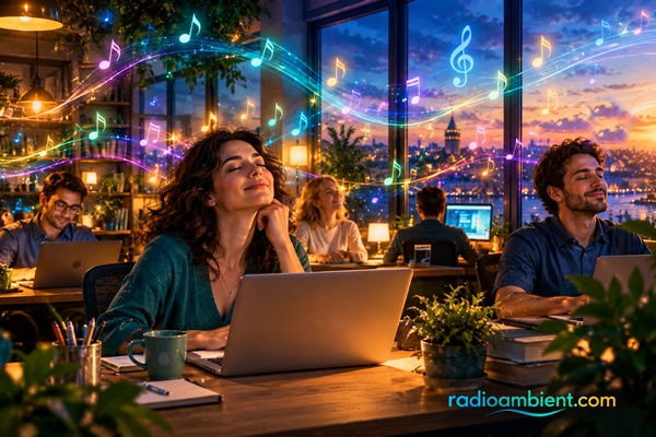 People listening to ambient music while working in a modern office without headphones, surrounded by colorful floating musical notes and a glowing RadioAmbient.com logo