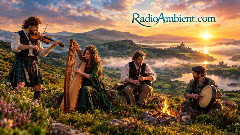 Celtic folk musicians playing fiddle, Celtic harp, Uilleann pipes, and bodhrán beside a glowing campfire on the lush green hills of Ireland at golden sunset, surrounded by misty valleys, wildflowers, and dramatic mountain scenery, featuring the elegant RadioAmbient.com logo in a cinematic 3D fantasy landscape.