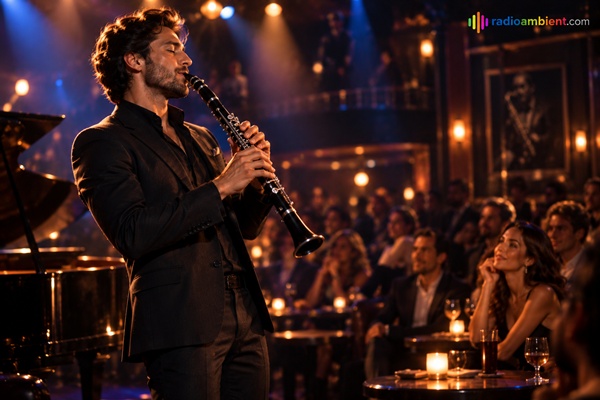 Standing clarinet player performing live in a jazz club as an attentive audience listens, with warm cinematic lighting and the colorful radioambient.com logo in the upper-right corner.