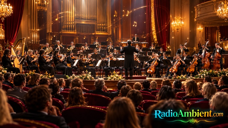 Ultra-realistic cinematic symphony orchestra performing live in a grand concert hall with golden chandeliers, burgundy velvet curtains, elegant audience seating, and a colorful RadioAmbient.com logo.