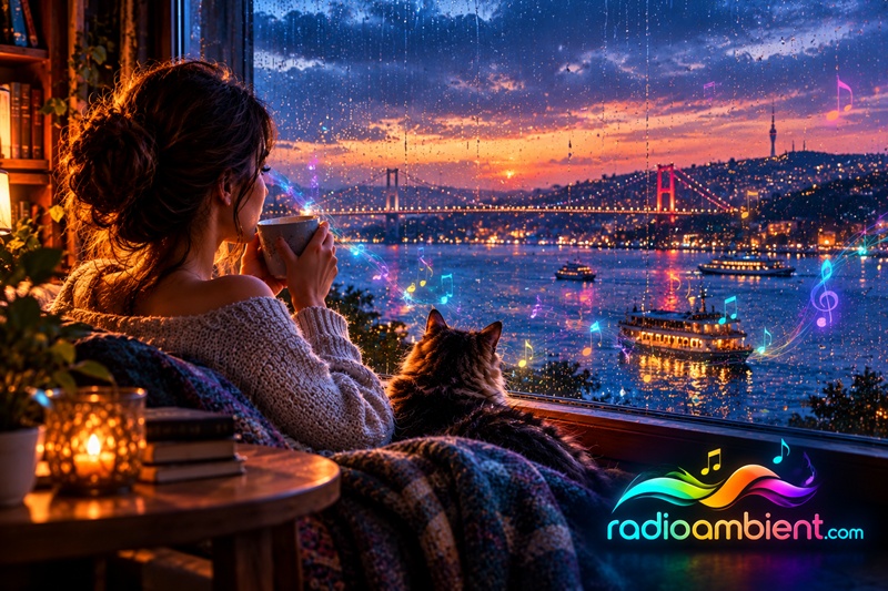 Emotional ambient music scene with a woman sipping coffee beside her cat while watching the rainy Istanbul Bosphorus, illuminated bridge, passing boats, colorful floating musical notes, and RadioAmbient.com logo, cinematic 3D realism