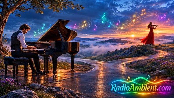A lonely man playing piano and a distant woman playing violin across a misty crossroads at twilight, connected by colorful musical notes, with a glowing RadioAmbient.com logo in the lower-right corner.