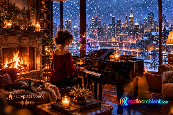 Woman Playing Grand Piano Beside a Cozy Fireplace While Snow Falls Over a Luxury City Skyline | RadioAmbient.com Fireplace Sound