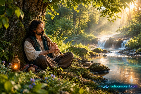 Man playing a traditional wooden ney flute beneath an ancient tree in a peaceful forest beside a sunlit stream and waterfall, with a glowing radioambient.com logo, creating a serene ambient music atmosphere.