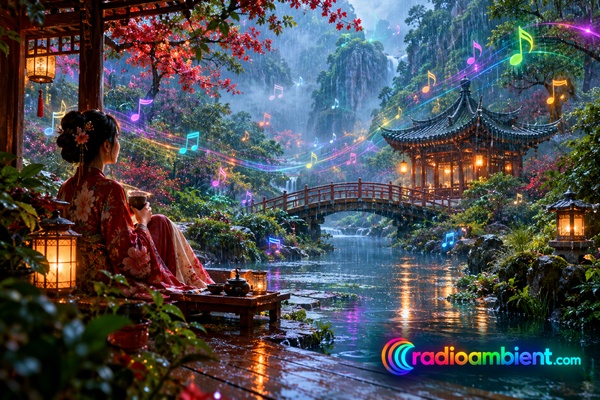 Rainy Chinese Forest with Colorful Floating Musical Notes and RadioAmbient.com Logo