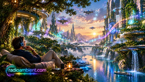 Ultra-realistic 3D cinematic futuristic city in 2050, a mature man and woman relaxing together while listening to ambient music, lush vertical gardens, glowing skyscrapers, waterfalls, reflective waterways, holographic musical waves, colorful digital melodies, atmospheric mist, and the multicolored luminous radioambient.com logo in the lower-left corner.
