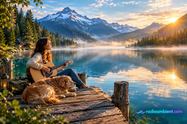 Woman playing acoustic guitar beside her dog on a wooden pier overlooking a misty mountain lake at sunrise, peaceful ambient music landscape with radioambient.com logo.