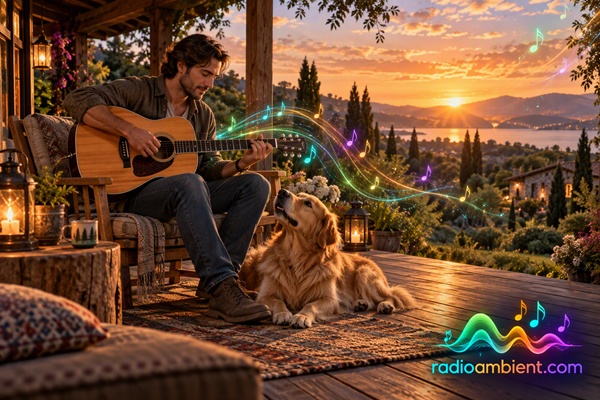 Sunset guitar melodies on a cozy veranda with a loyal golden retriever, colorful musical notes, and the RadioAmbient.com logo.