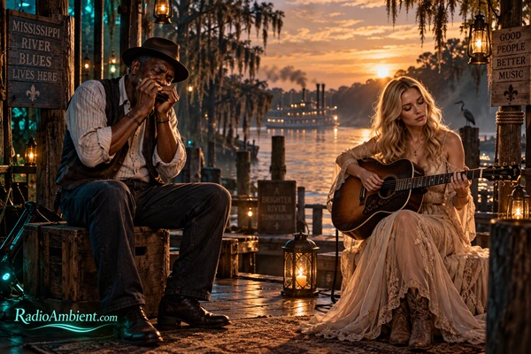 A Black man is playing the harmonica, while a blonde woman is playing the guitar. An image for a radio broadcast on radioambient.com.