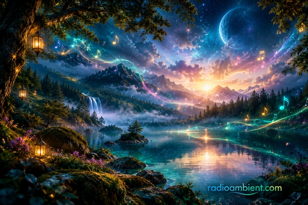 Healing music spiritual forest lake under a magical starry sky with colorful floating musical notes, glowing turquoise water and RadioAmbient.com logo