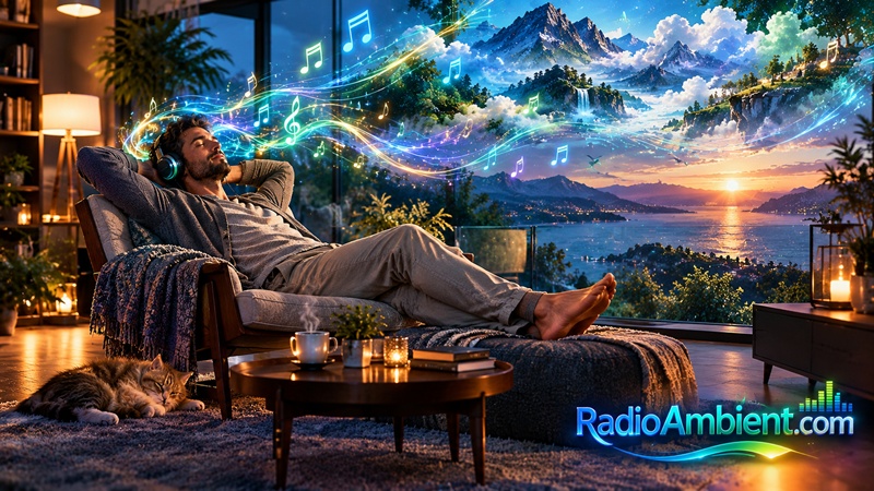 A relaxed man listening to peaceful ambient music with headphones, reclining comfortably with both feet fully visible, colorful floating musical notes and glowing light trails, breathtaking mountain and ocean sunset dreamscape, warm cozy living room, cinematic lighting, ultra-realistic 3D rendering, luminous turquoise, emerald green and blue RadioAmbient.com logo.