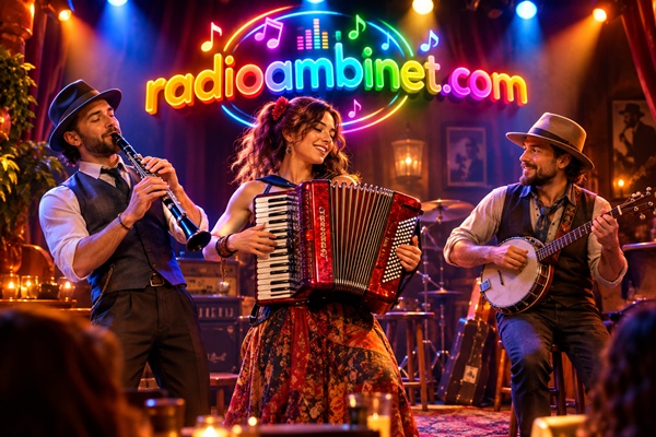 3D Cinematic Clarinet, Accordion & Banjolele Live Performance | Colorful radioambinet.com Neon Logo - Instrumental Music