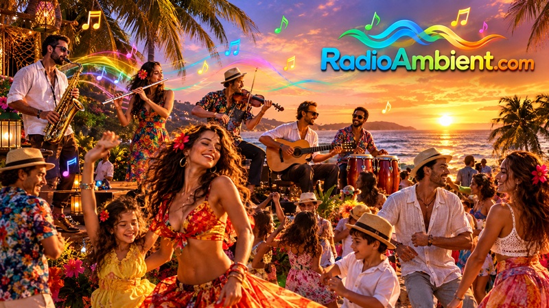 A vibrant Latin beach music festival at sunset featuring talented musicians playing saxophone, flute, violin, guitar, and drums, while people of all ages dance joyfully along the tropical shoreline. Colorful musical notes float above the crowd, with golden ocean reflections, swaying palm trees, and the colorful 3D RadioAmbient.com logo illuminating the festive scene.