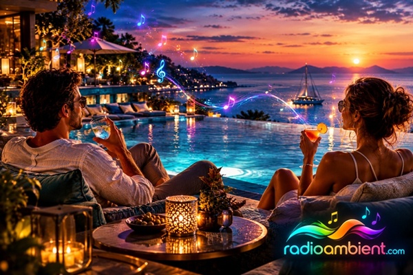 Luxury lounge ambient music beside an infinity pool at sunset, elegant couple enjoying drinks, romantic resort atmosphere, glowing turquoise water, colorful floating musical notes, cinematic 3D lighting, RadioAmbient.com logo