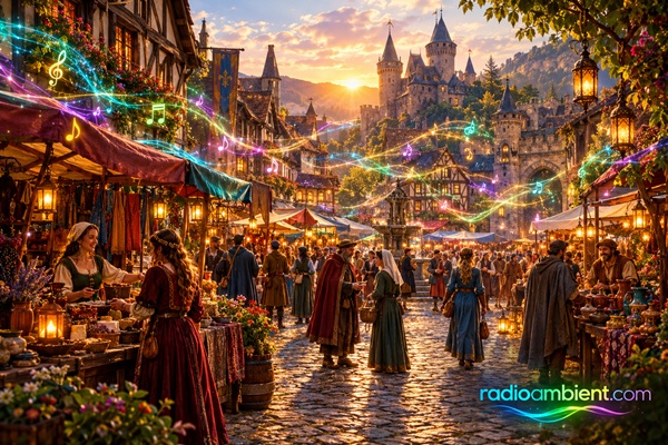3D cinematic medieval European marketplace at sunset with timber-framed buildings, colorful market stalls, merchants in historical clothing, glowing multicolored musical notes and magical sound ribbons floating through the streets, and a luminous radioambient.com logo in the lower right corner.