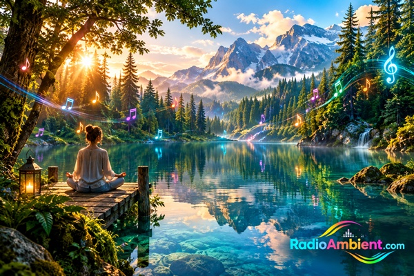 Meditation Music in a Peaceful Forest Lake with Colorful Floating Musical Notes | RadioAmbient.com