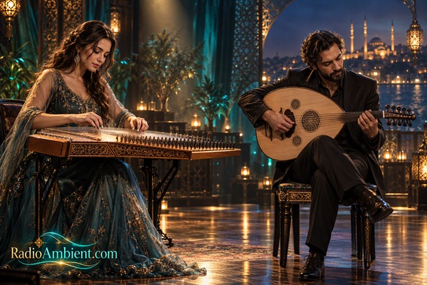 RadioAmbient.com live concert featuring Turkish qanun and oud performers in an elegant cinematic 3D stage atmosphere.