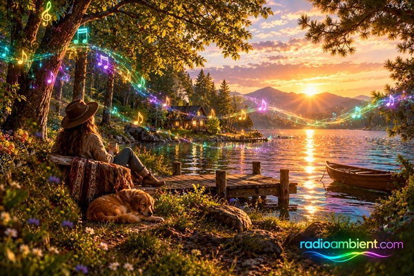 A woman and her dog, sitting by the lakeside, are at peace. They are listening to the sound of the lake lapping against the shore. Radioambient.com