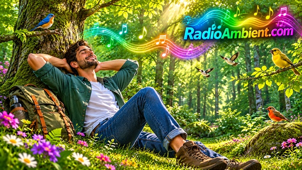 A happy man relaxing beneath a tree in a lush green forest, surrounded by colorful singing birds, vibrant wildflowers, glowing musical notes, and the colorful RadioAmbient.com logo in a beautiful cinematic 3D nature scene.