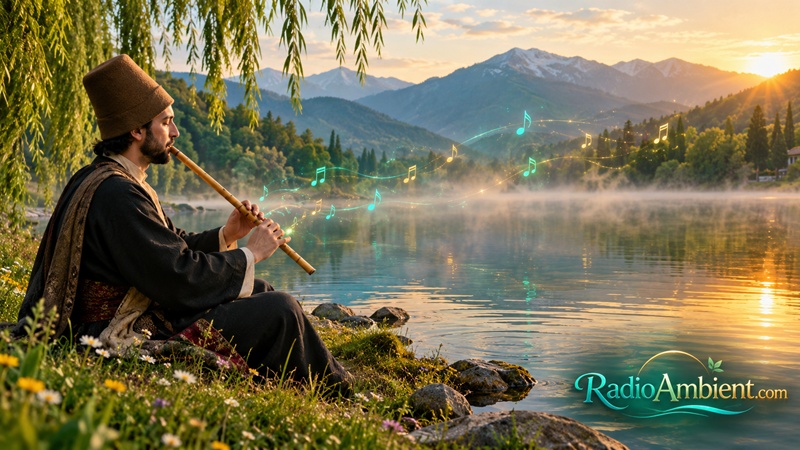 A traditionally dressed Turkish musician plays a ney flute beside a tranquil mountain lake at sunrise, surrounded by mist, golden reflections, lush green forests, and glowing turquoise and golden musical notes. The RadioAmbient.com logo appears in the lower-right corner.