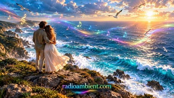 Romantic couple embracing on a rocky cliff overlooking a deep blue ocean at sunset, colorful musical notes, rainbow light trails, soaring seagulls, crashing waves, cinematic golden light, RadioAmbient.com logo.