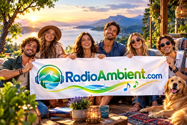 People holding a radioambient promotional poster. radioambient.com