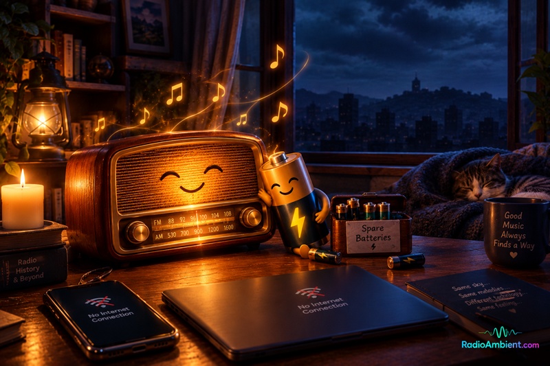 3D cinematic vintage radio and battery companions playing music during a citywide blackout, with dark unlit buildings outside, disconnected phone and laptop, spare batteries, glowing musical notes, and RadioAmbient.com logo.