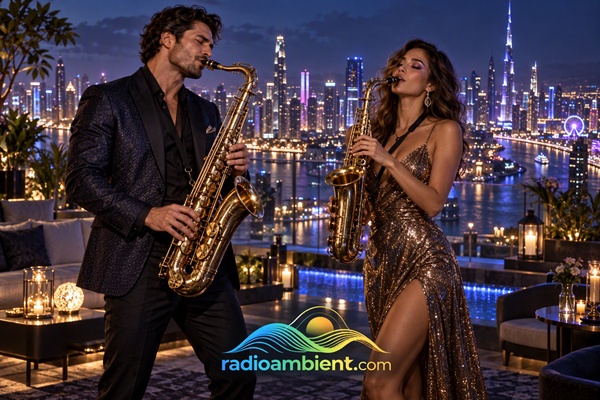Two saxophone performers playing on a luxury rooftop terrace at night, overlooking a glowing city skyline with blue and purple cinematic lighting, realistic skyscraper bokeh, and the colorful radioambient.com logo at the bottom center | RadioAmbient.com