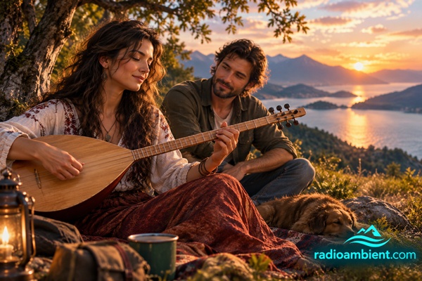 A woman playing a traditional Turkish saz beside a man at a peaceful mountain lake during sunset, with a resting dog nearby, in a cinematic 3D landscape featuring the radioambient.com logo.