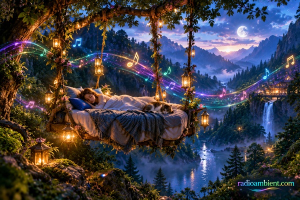 Mystical mountain forest with a floating swing bed, sleeping woman, glowing musical notes, moonlit peaks, magical waterfalls, and RadioAmbient.com logo.