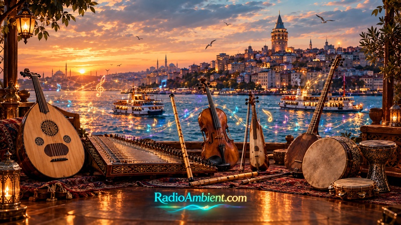 Ultra-realistic 3D cinematic Turkish classical music instruments including oud, qanun, ney flute, kemençe, tanbur and traditional percussion on an elegant stage with burgundy velvet curtains, glowing colorful musical notes, warm golden lighting and the luminous RadioAmbient.com logo.