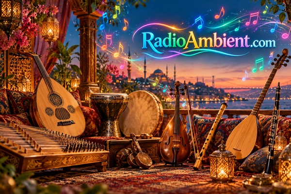 Traditional Turkish Musical Instruments on an Istanbul Bosphorus Terrace with Colorful Musical Notes | RadioAmbient.com