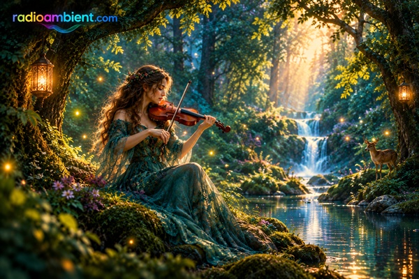 Radio Ambient Logo, Woman Playing Violin in an Enchanted Forest | RadioAmbient.com