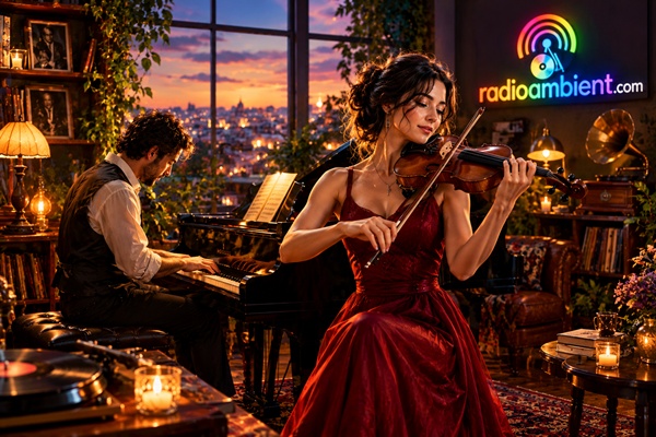 A cinematic 3D vintage music room featuring a man playing a grand piano and a woman facing forward while playing violin, surrounded by warm candlelight, antique décor, and a colorful glowing radioambient.com logo.