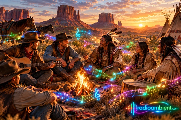 Cowboys and Native American people peacefully chatting around a campfire in the Arizona desert at sunset, with horses, acoustic guitar, colorful glowing musical notes, and the radiant radioambient.com logo in the bottom-right corner.