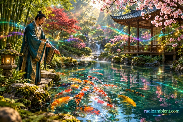 Serene Japanese koi pond with a Chinese man feeding colorful koi fish, glowing musical notes, cherry blossoms, bamboo, and a traditional garden pavilion – RadioAmbient.com Zen Music