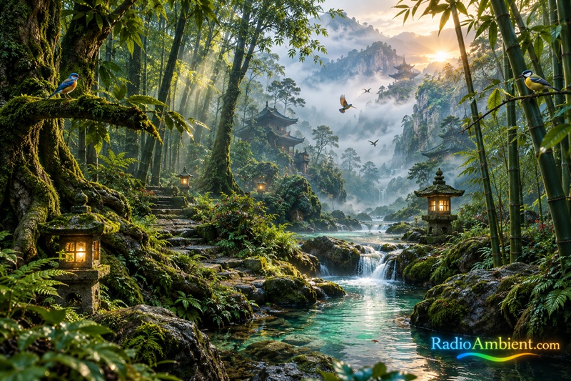 Ultra-realistic cinematic 3D landscape of an ancient Chinese forest at dawn, featuring misty bamboo groves, moss-covered trees, traditional Chinese pagodas, a crystal-clear turquoise stream, glowing stone lanterns, and colorful birds perched on branches or flying through the fog, created for RadioAmbient.com nature ambient music.